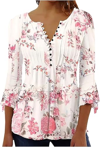 LRMQS 3/4 Length Sleeve Womens Tops 2025 Casual Summer Boho Spring Tunic Shirts Trendy Floral Bohemian Blouses Ladies Clothes