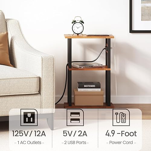 Miniatura 6 de TUTOTAK Mesa auxiliar pequeña y estrecha con estación de carga, mesa auxiliar delgada para espacios pequeños, mesita de noche delgada con puertos