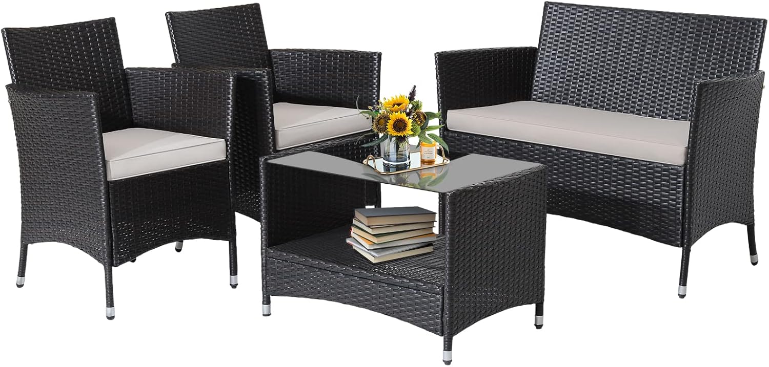 HAPPYGRILL 4 Pieces Rattan Patio Furniture Set, Mix Brown Wicker Sofa Set with Soft Seat Cushions, 2-Tier Tempered Glass Coffee Table, Outdoor Rattan Conversation Set for Backyard Poolside