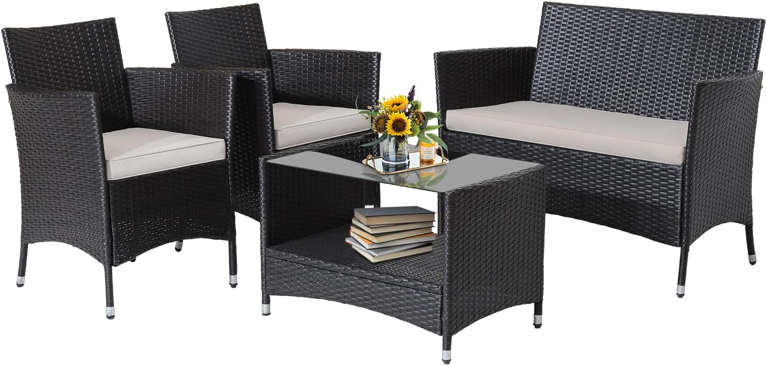 HAPPYGRILL 4 Pieces Rattan Patio Furniture Set, Mix Brown Wicker Sofa Set with Soft Seat Cushions, 2-Tier Tempered Glass Coffee Table, Outdoor Rattan Conversation Set for Backyard Poolside