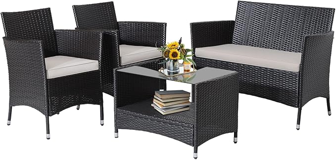 HAPPYGRILL 4 Pieces Patio Furniture Set, Mix Brown Rattan Sofa Set with Soft Seat Cushions, 2-Tier Tempered Glass Coffee Table, Outdoor Wicker Conversation Set for Backyard Poolside