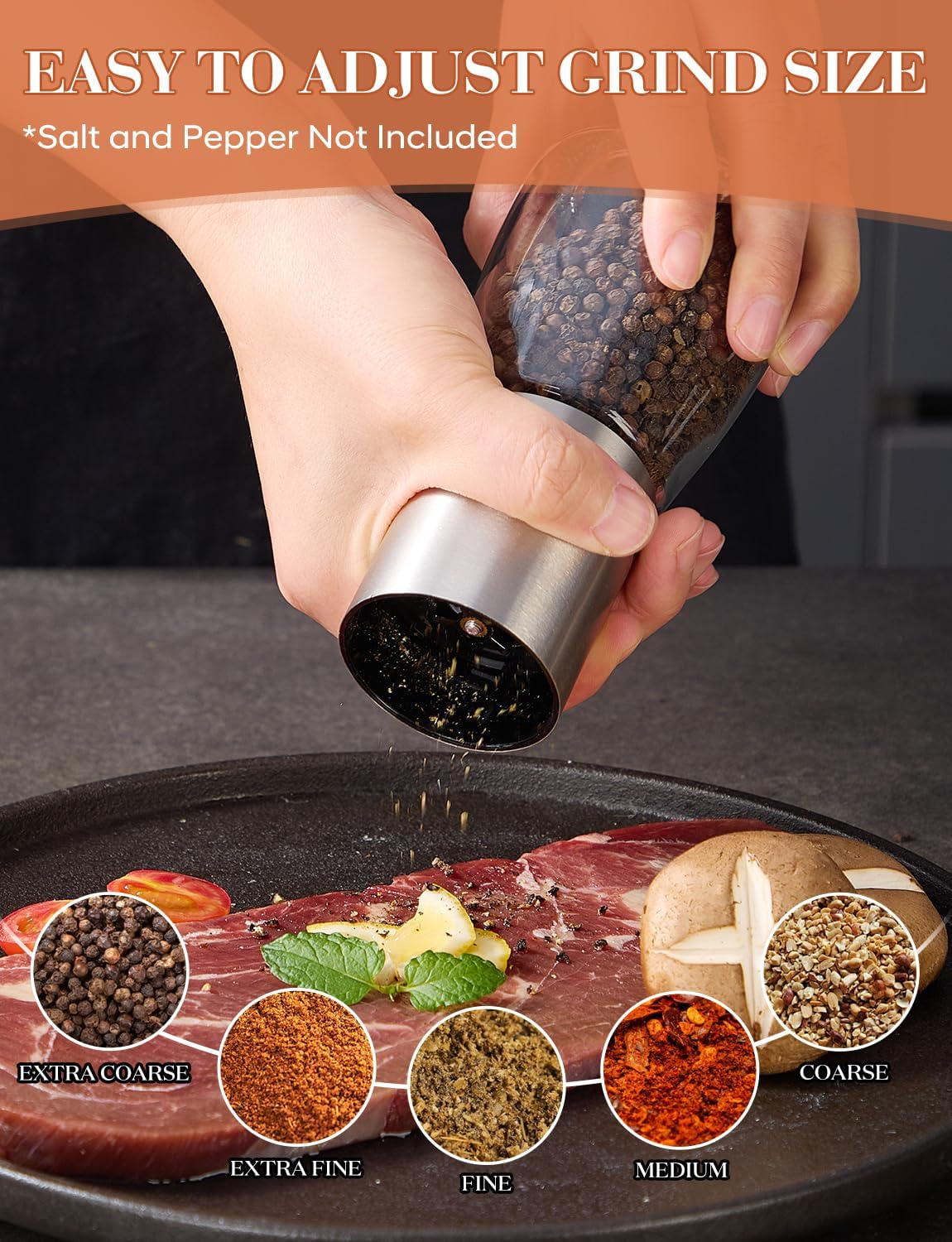 Salt and Pepper Grinder 2pcs Black Pepper Mill Refillable Manual Stainless Steel Lid Adjustable Coarseness Glass Material Fits in Home Kitchen Barbecue