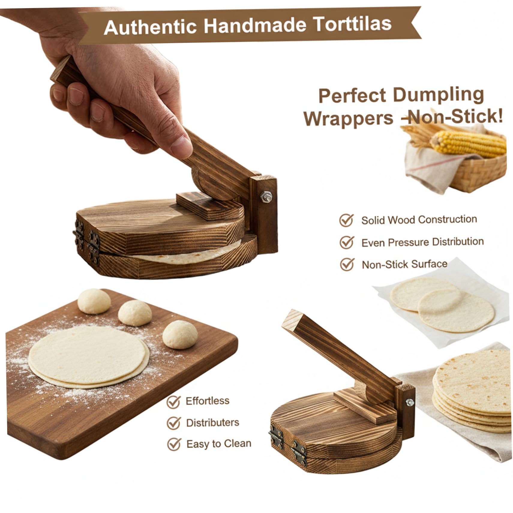 Prensa de tortillas de madera, máquina para hacer dumplings de alta resistencia para envoltorios y repostería |.Prensa de Masa de Madera Natural para Tortillas y Dumplings Caseros (Marrón Oscuro), De