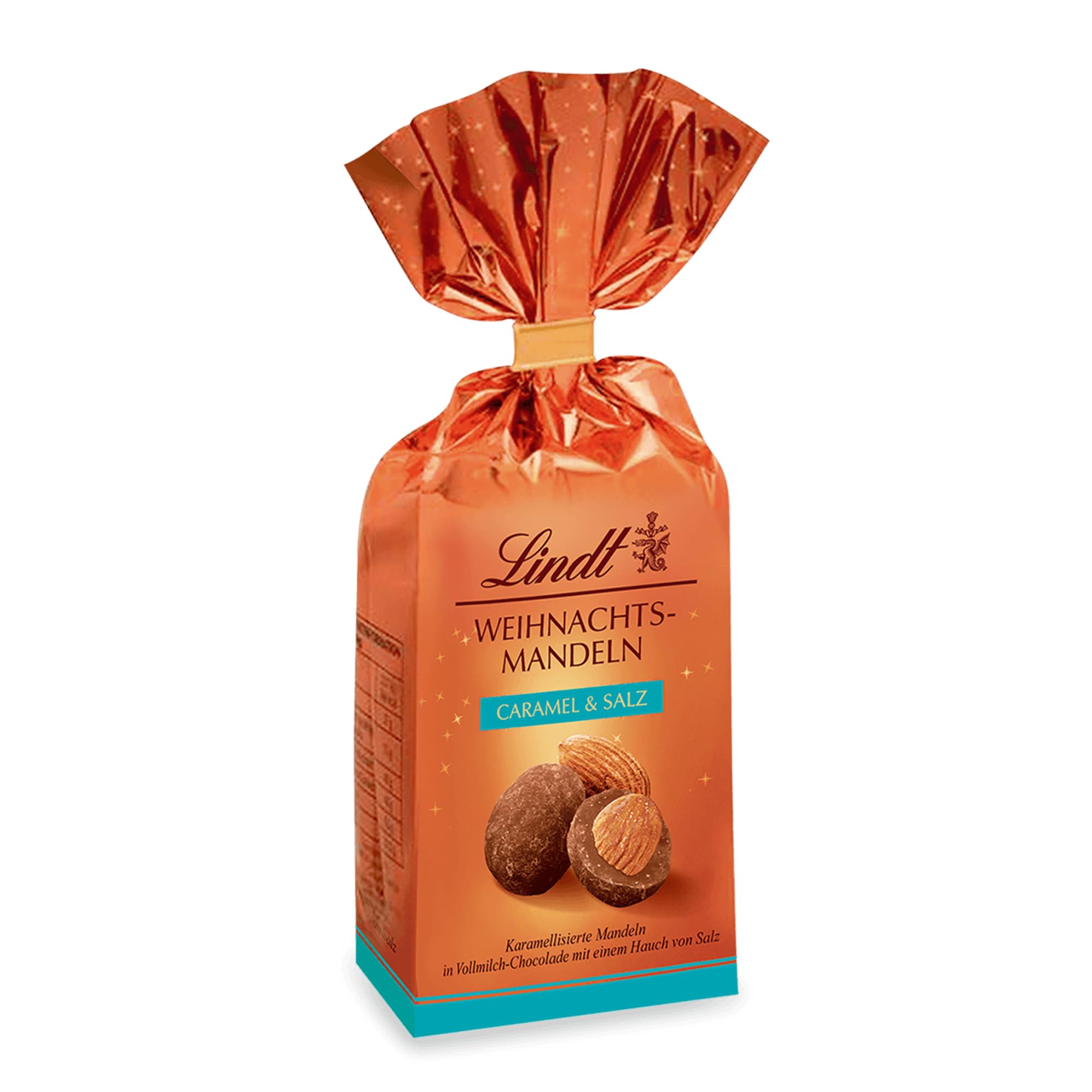 Lindt Schokolade | Weihnachtsmandeln Caramel & Salz Beutel | 100g | karamellisierte Mandeln in Vollmilchschokolade mit Salz, Zimt & Koriander verfeinert| edles Schokoladen-Geschenk zu Weihnachten