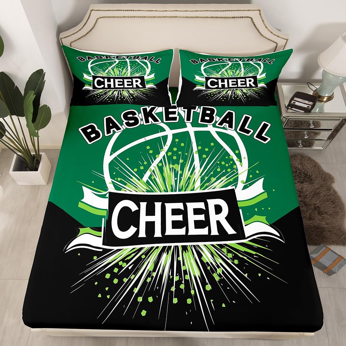 jejeloiu Basketball Fitted Sheet Queen Size Kids Sports Game Bedding Set for Boys Girls Teens Black Green Bed Sheet Set
