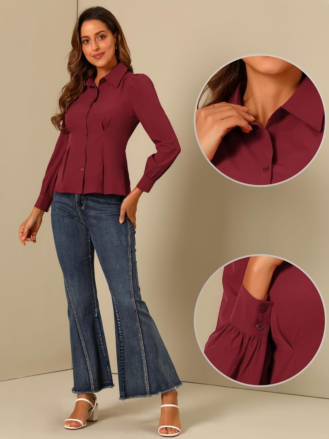 Allegra K Long Sleeve Blouse for Women's Button-Up Office Work Ruffle Blouse - Image 2