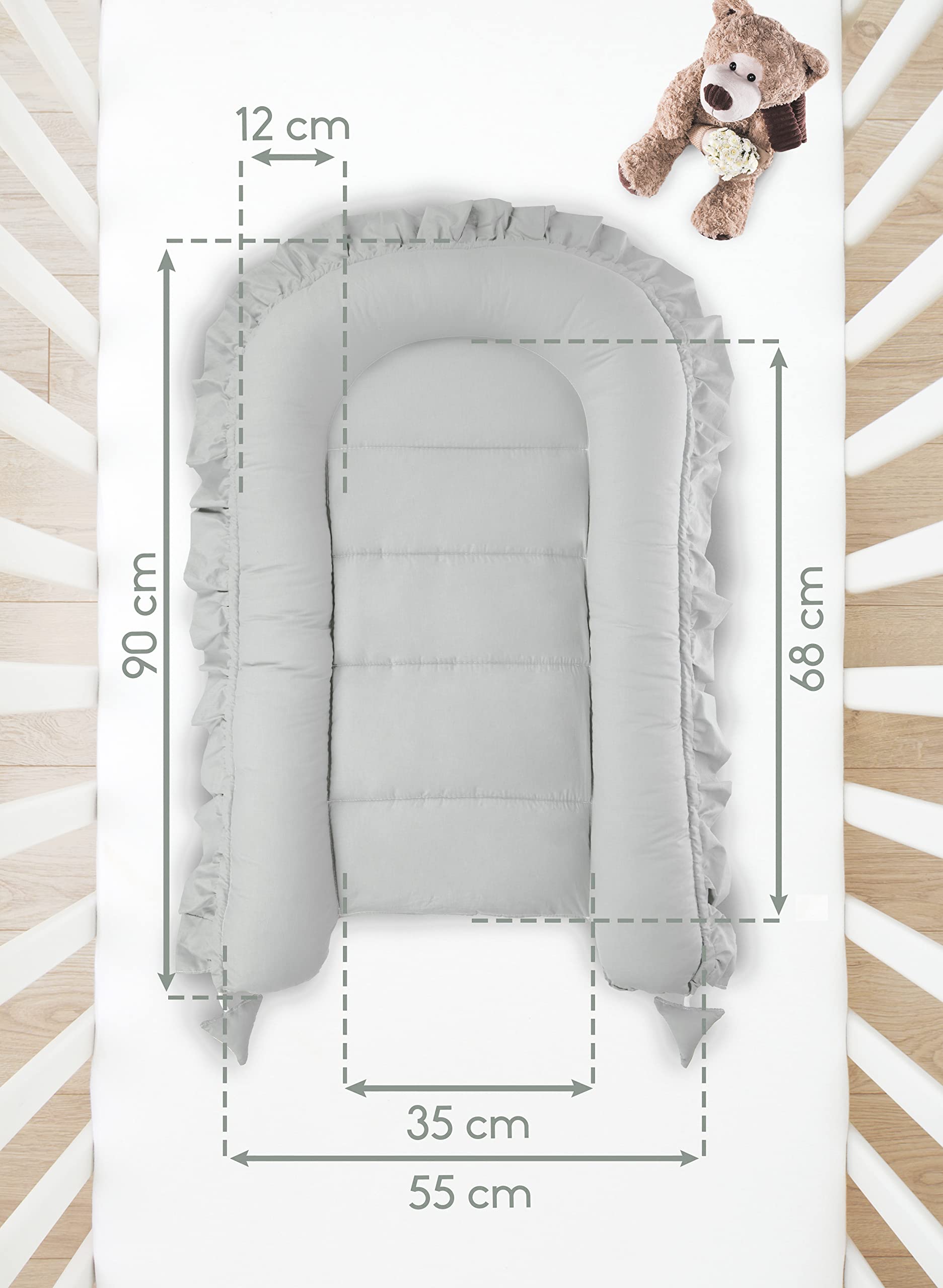 PIMKO Nido de bebé con Volantes Recién Cunas Nido para bebés Reductor de Cuna 100% Algodón babynest (Gris con Volante)