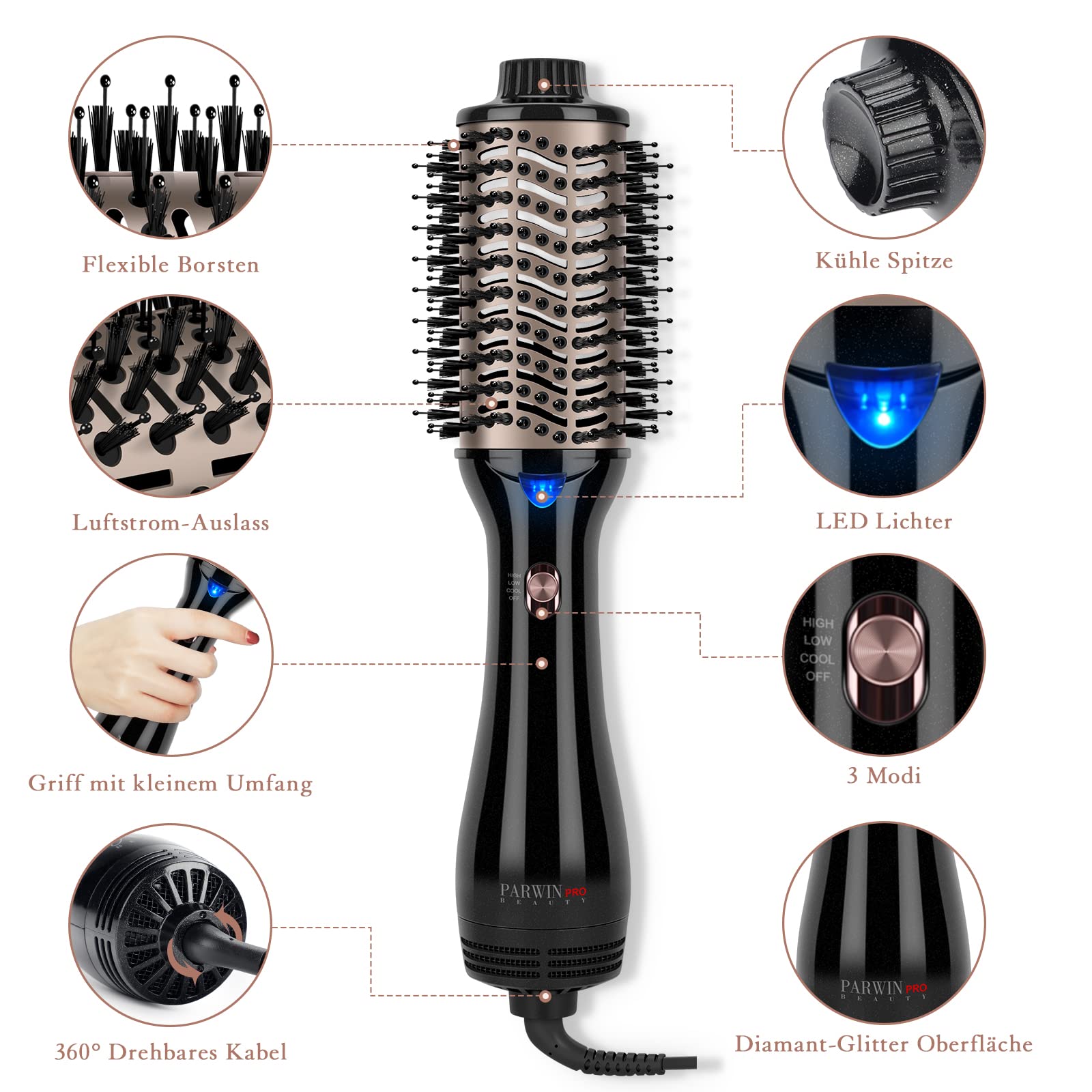 One-Step Warmluftbürste, PARWIN PRO BEAUTY Haartrockner und Volumenbürste, 4 in 1 Ovale Föhnbürste, Trocknen, Glätten und Volumen, Ionen Pflege, 1000 Watt, Schwarz