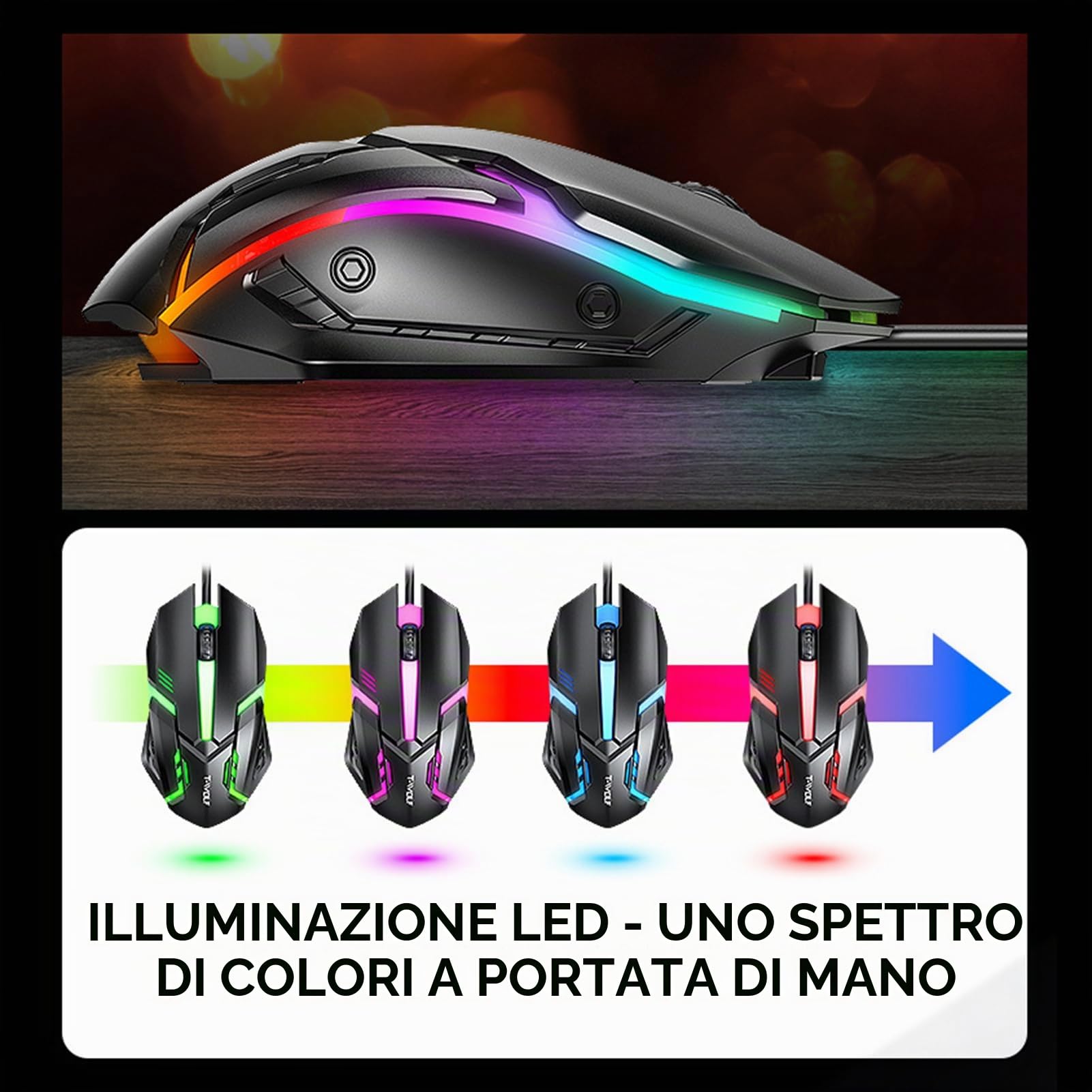 docooler Cuffie da gioco con tastiera e mouse combinate con tappetino per mouse Cuffie da gioco 1000 con mouse retroilluminato colorato ad alta velocità di movimento con microfono