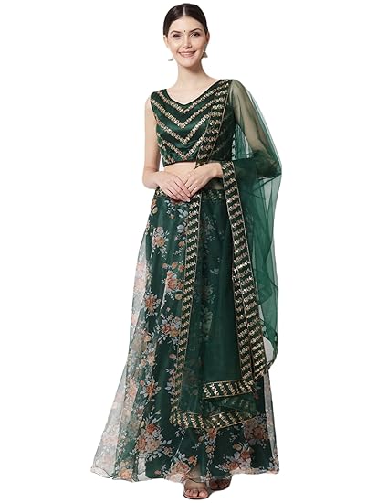 Women Printed Organza Ethnic wear Semi-stitched Lehenga Choli With Dupatta Set (Y_F_525694_Green& Orange)