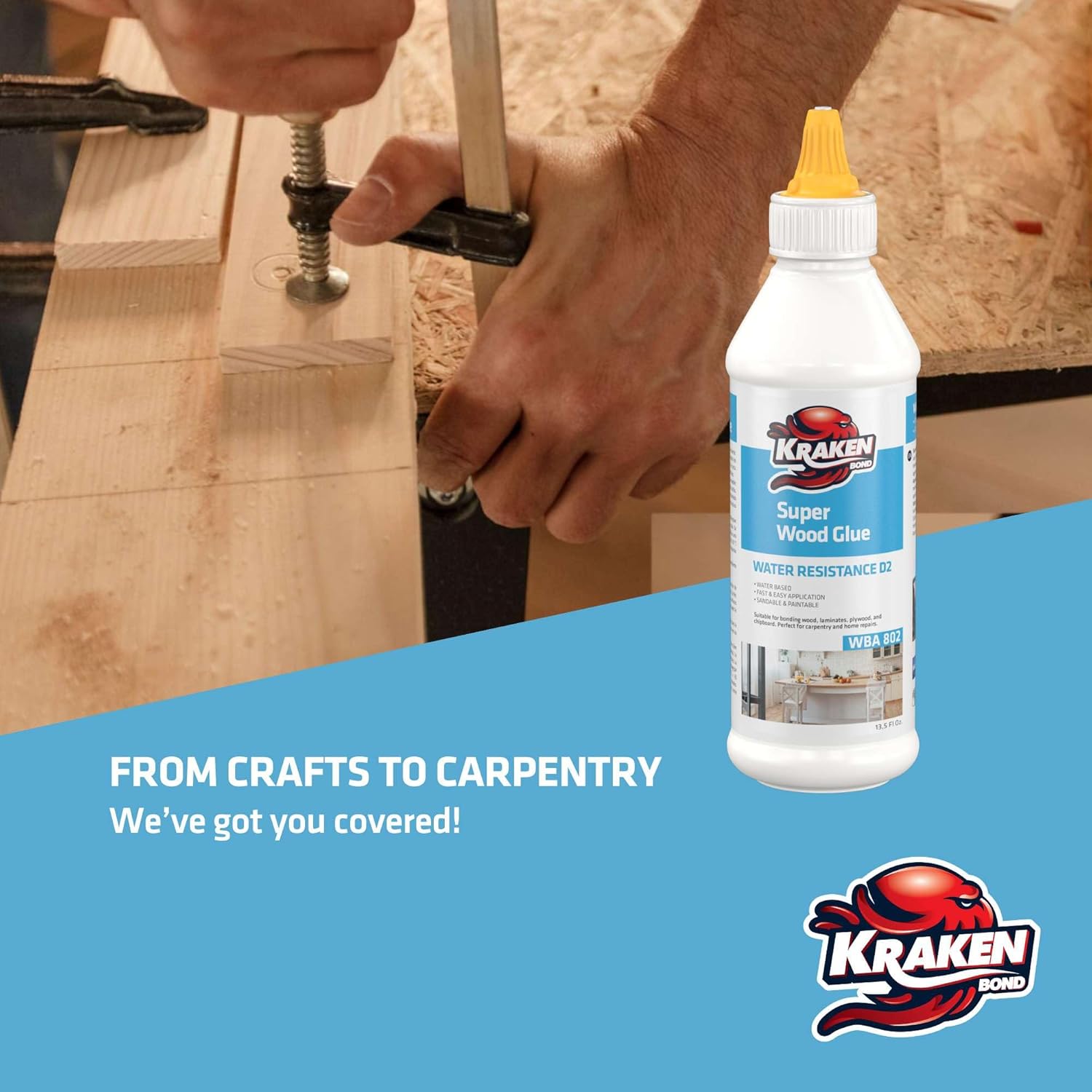 Kraken Bond D2 White Super Wood Glue - (12x13.5 fl.oz) PVA Heavy Duty Wood Glue for Repair, Woodworking, Furniture Assembly & Creative Crafts - Clear Drying Water Based Carpenter Glue - 12 Pack