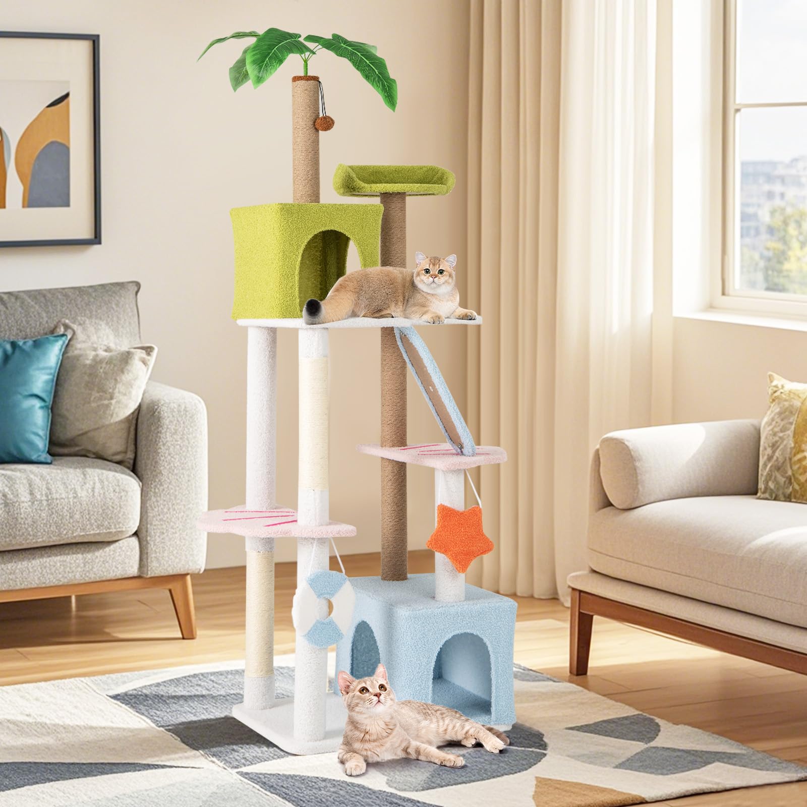 COSTWAY Tiragraffi per Gatto Alto 180 cm Stile Tropicale, Albero Tiragraffi Gatti con Pali con Corda in Juta, Piattaforme, 2 Grotte e Pompon, Torre Gatto Rivestito in Peluche, Blu e Verde