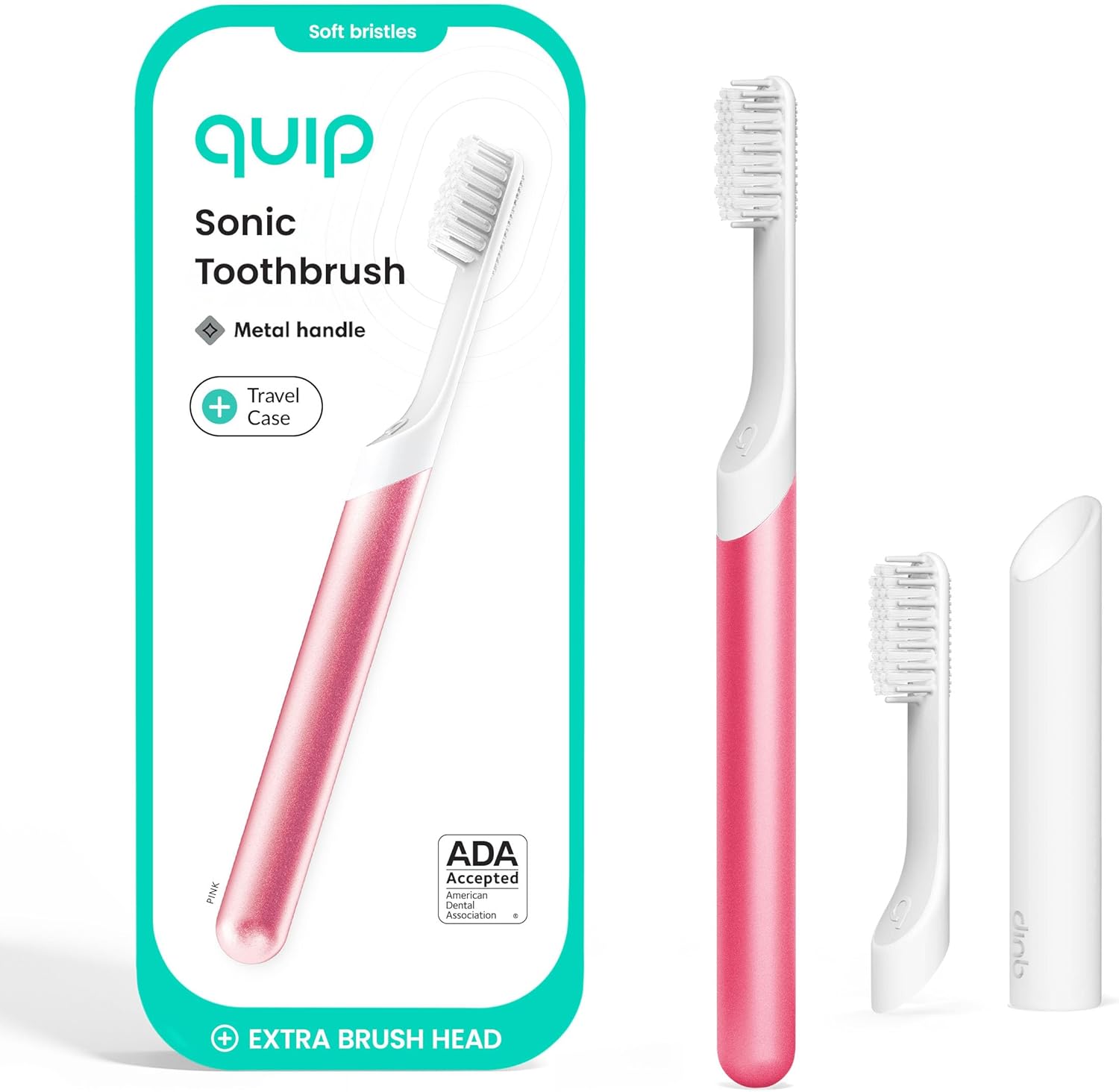Quip Sonic Toothbrush for Adults with Timer – Includes Extra Brush Head and Travel Cover Mount – Electric, Soft Bristle Refill Head, Metal Handle, 3 Month Battery Life – Travel Toothbrush – Pink Quip Sonic Toothbrush for Adults with Timer – Includes Extra Brush Head and Travel Cover Mount – Electric, Soft Bristle Refill Head, Metal Handle, 3 Month Battery Life – Travel Toothbrush – Pink