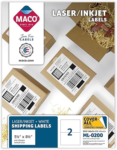 MACO LáserInk White Cover - Etiquetas de envío por Internet 5-12 x 8-12 pulgadas 2 por hoja 200 por caja ML-0200