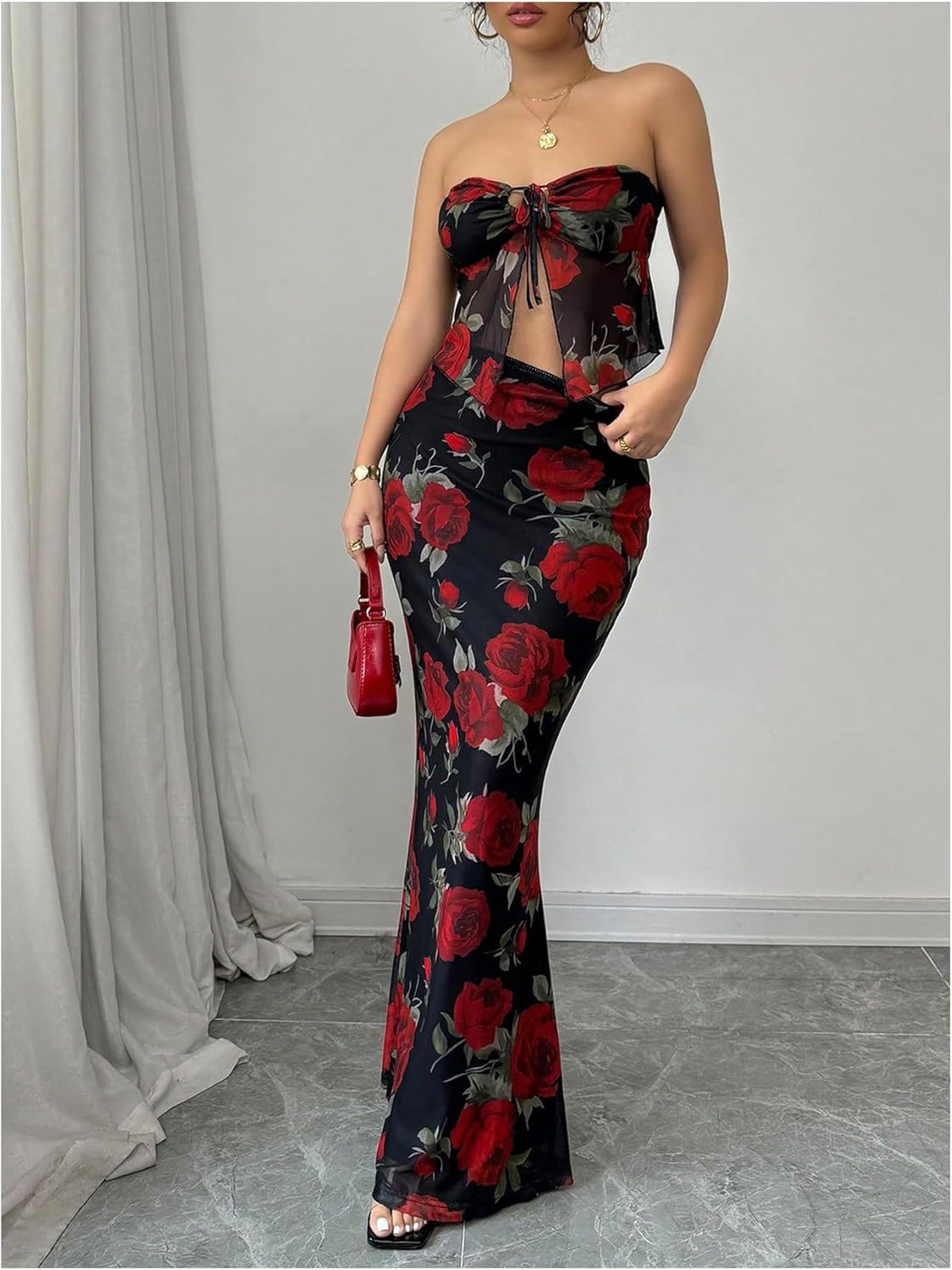 GORGLITTER Women's 2 Piece Skirt Sets Floral Mesh Strapless Tie Front Tops and Bodycon Long Maxi Skirt Summer Outfits - Image 4