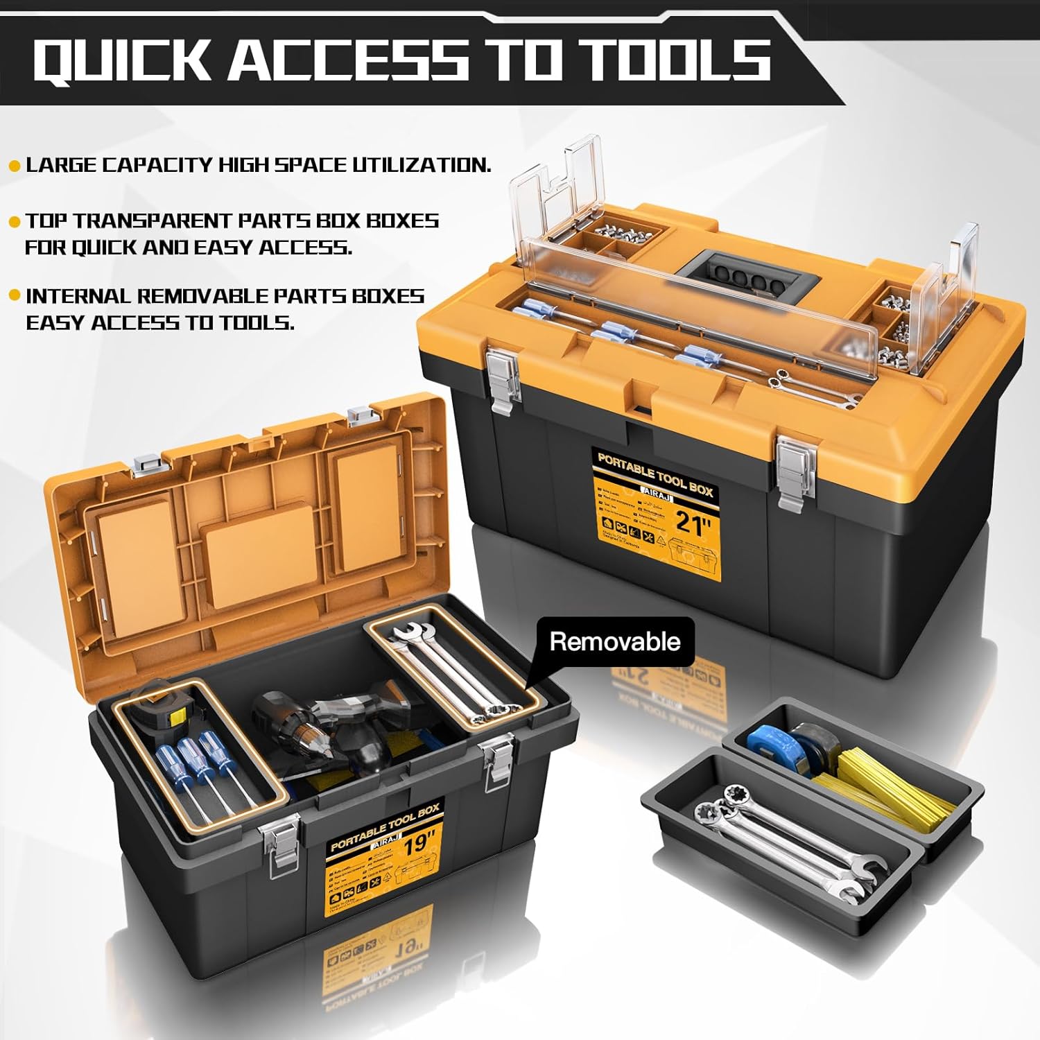 4-In-1 Tool Box Set,Toolbox with 8 Removable Trays,Top with Transparent Parts Box,15 IN+17 IN+19 IN+21 IN,Portable Tool Box with Metal Buckle,for Garage Tool Storage,Home DIY and Professional Work