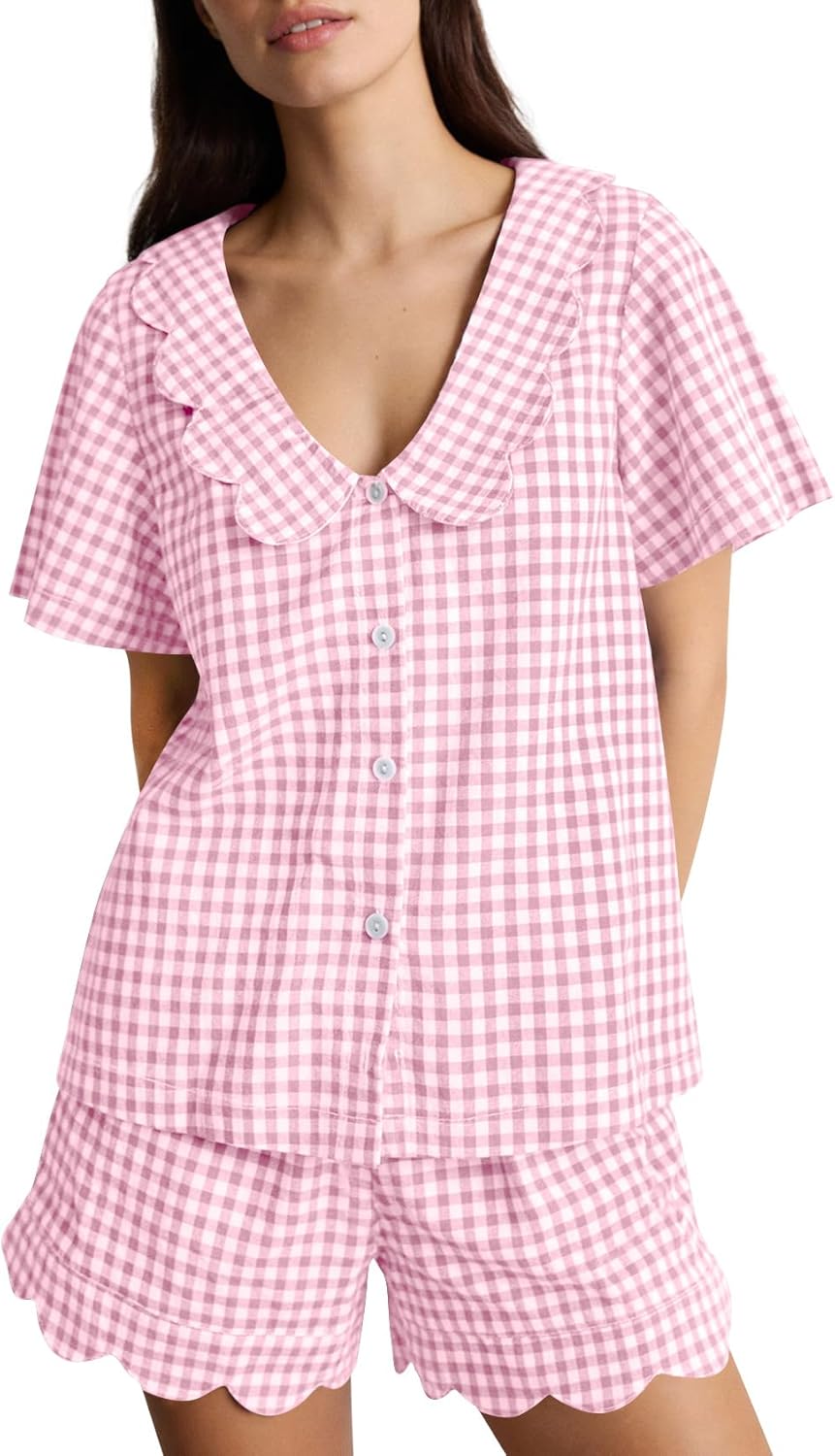 Kissonic Women's Gingham Pajama Set: 100% Cotton Short Sleeve Babydoll PJs with Scalloped Edges & Lace Trim