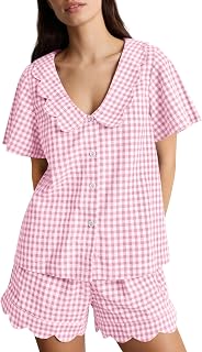 Kissonic Women's Gingham Pajama Set: 100% Cotton Short Sleeve Babydoll PJs with Scalloped Edges & Lace Trim