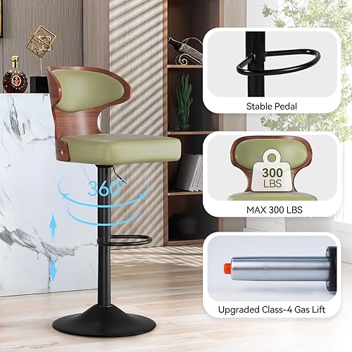 Miniatura 3 de Juego de 4 taburetes de bar giratorios de altura ajustable, de piel sintética, tapizados de madera curvada, con respaldo y reposapiés, silla de bar