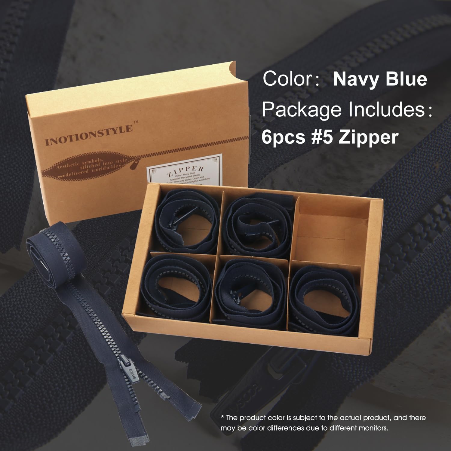 LTWHOME INOTIONSTYLE Oeko-TEX Standard 100 Eco-Recycled Zip Left Insert 60 CM / 24 Inch #5 Navy Blue Plastic Zipper for Outdoor Coats 6 PCS 22D101633
