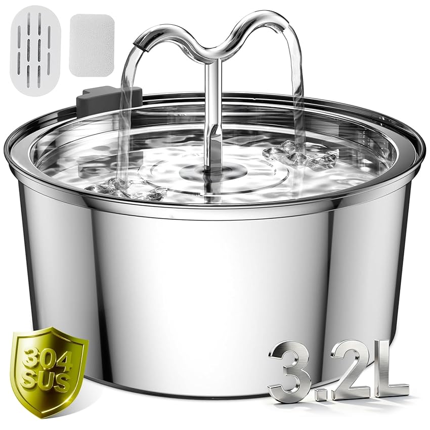 DOOOB Fontanella per Gatti, 3.2L Fontana per Gatti, Automatico Fontanella Gatto Acciaio con Pompa Ultra Silenziosa, Fontana per gatti acciaio inox con 1 Filtro e 1 Spugna