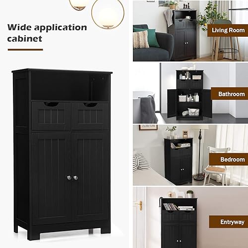 Miniatura 8 de Tangkula - Armario de baño con un estante abierto, dos puertas y dos cajones ajustables, armario de pie para cocina, armario para sala de estar,