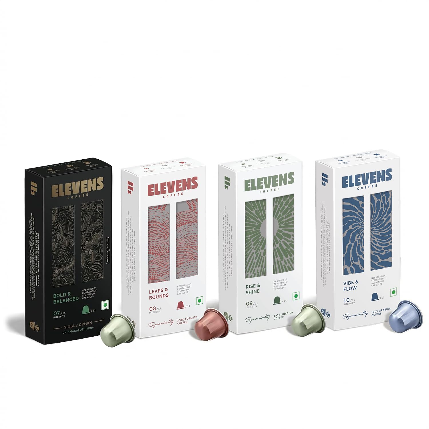 ELEVENS COFFEE | Variety Pack 2 | Coffee Capsules | 100% Arabica & Robusta | 44 Aluminium Coffee Pods (11 x 4 Flavours) | Dark Roast | Intensity 8–10 | Compatible with Nespresso