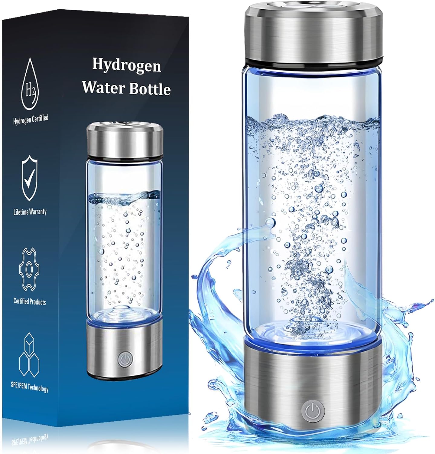 Hydrogen Water Bottle Generator - Portable Hydrogen Water Ionizer Machine SPE PEM Tech, Rechargeable Hydrogen Rich Water Glass Bottle for Home Gym Office and Travel Hydrogen Bottle