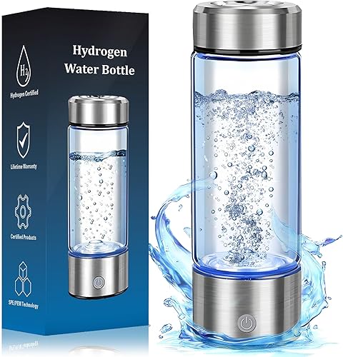 Hydrogen Water Bottle Generator - Portable Hydrogen Water Ionizer Machine SPE PEM Tech, Rechargeable Hydrogen Rich Water Glass Bottle for Home Gym Office and Travel Hydrogen Bottle