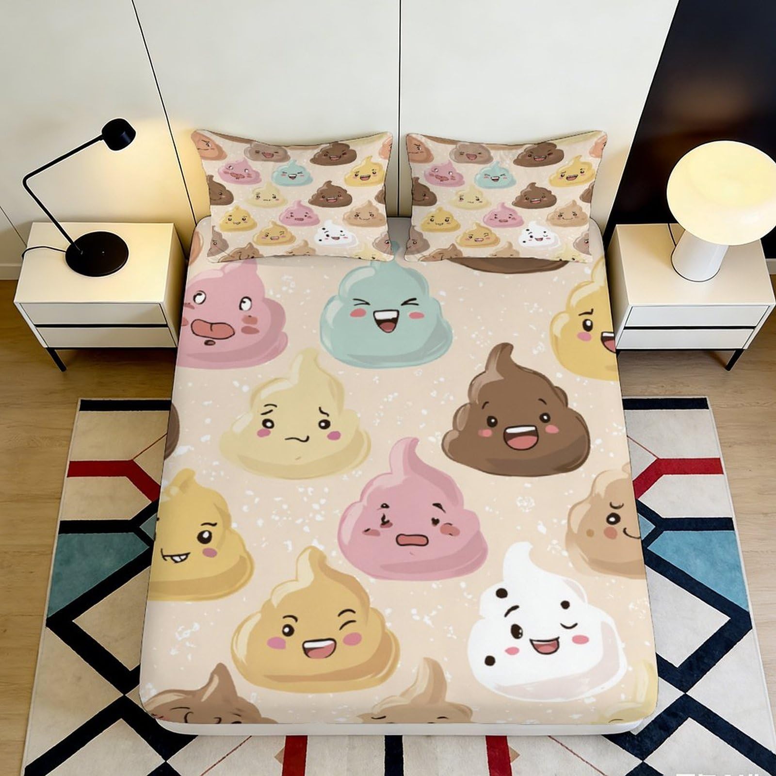 3D Printed Cartoon Emoji Fitted Sheet Microfiber Soft Multicolor Poop Pattern Mattress Cover for Bedroom Dorm Room Decor, Washable 200x200x25cm