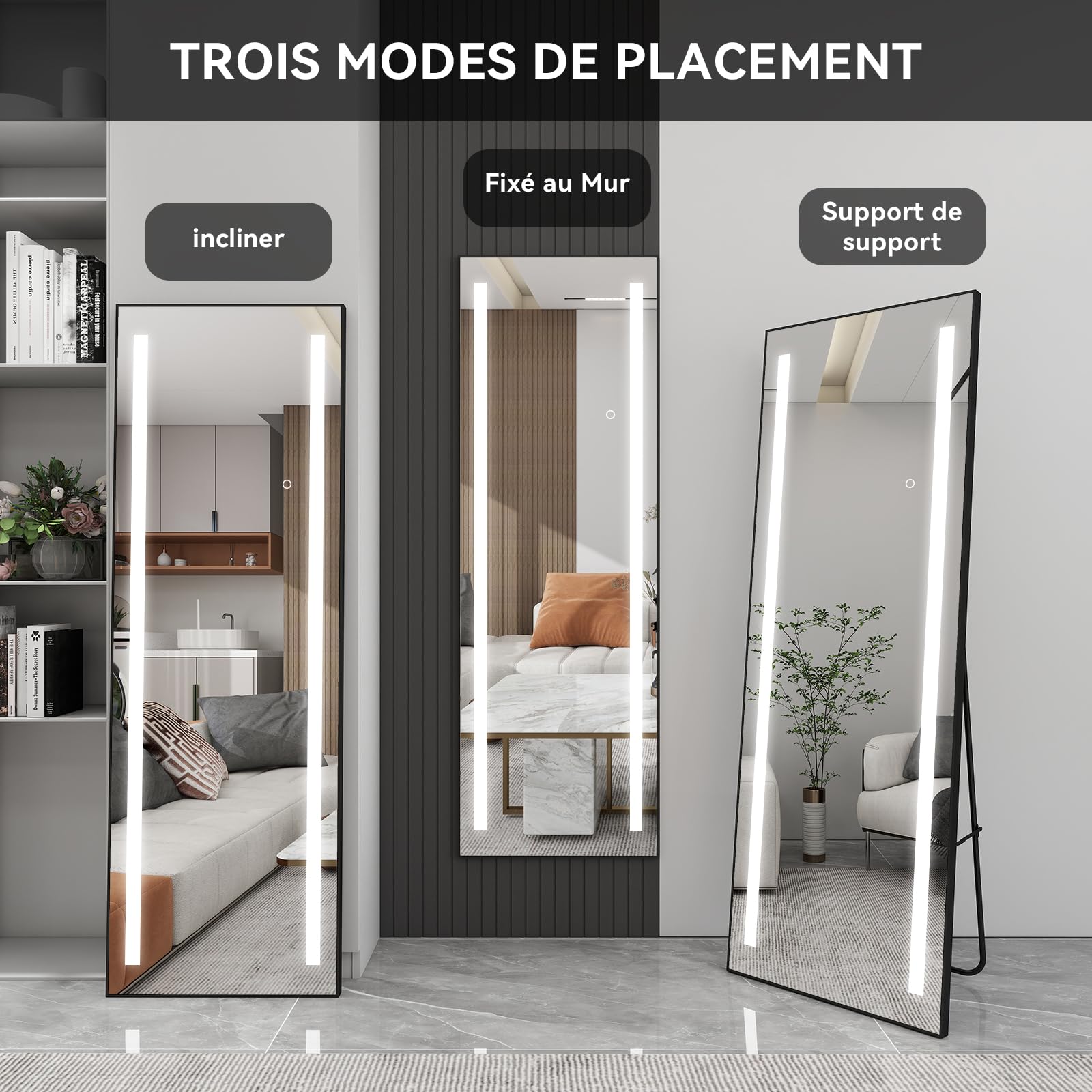 Grand Miroir sur Pied LED 150x50cm, Miroir Plein Pied Mural, 3 Couleurs Dimmable, Cadre Aluminium, Rectangulaire Noir