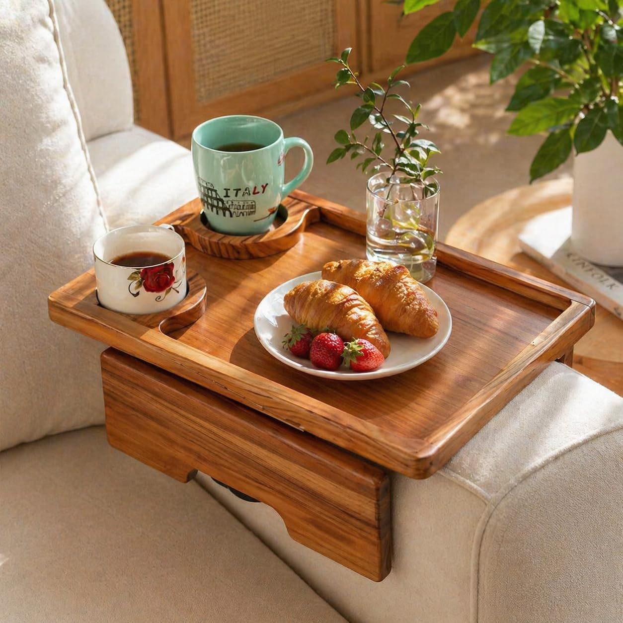 15.35" x 10.24" Teak Wood Couch Arm Tray, Sofa Armrest Table with Dual Cup Holders, Clip-on Tray for Wide Couch - Side Table for Eating & Drink, Snack, Phone, Remote
