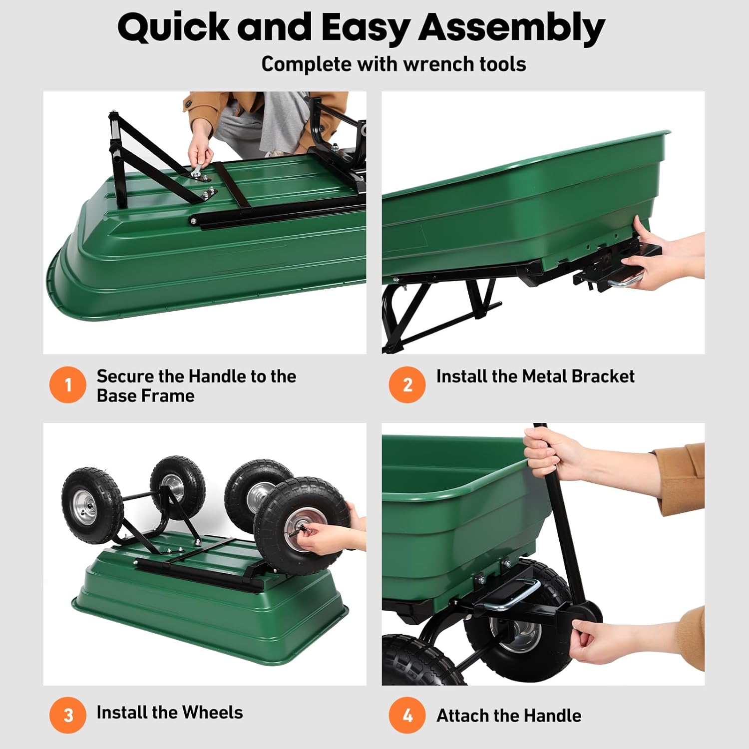 Four-step visual guide for assembling the Panana Garden Tipping Cart. Step 1 shows securing the handle to the base frame. Step 2 shows installing a metal bracket. Step 3 shows installing the wheels. Step 4 shows attaching the main pulling handle.