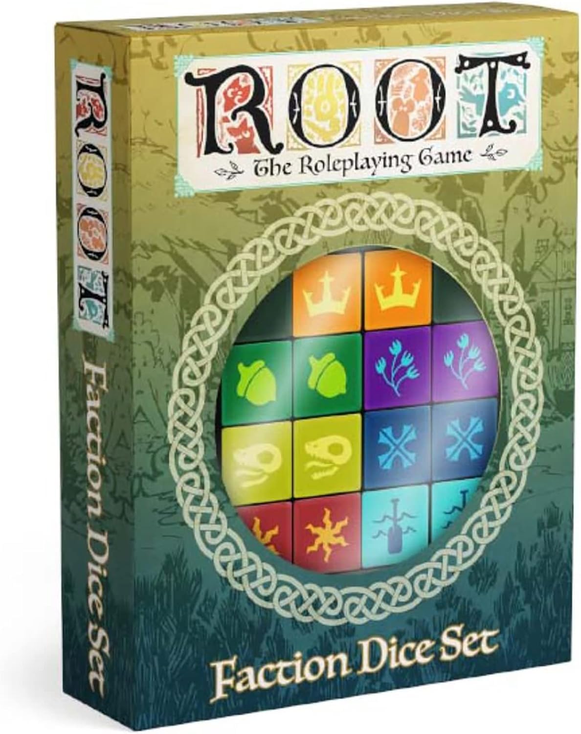 Magpie Games Dice Set for Root: The Roleplaying Game, 14 Six-Sided Dice Engraved with 7 Woodland Factions, Tabletop Fantasy Adventure