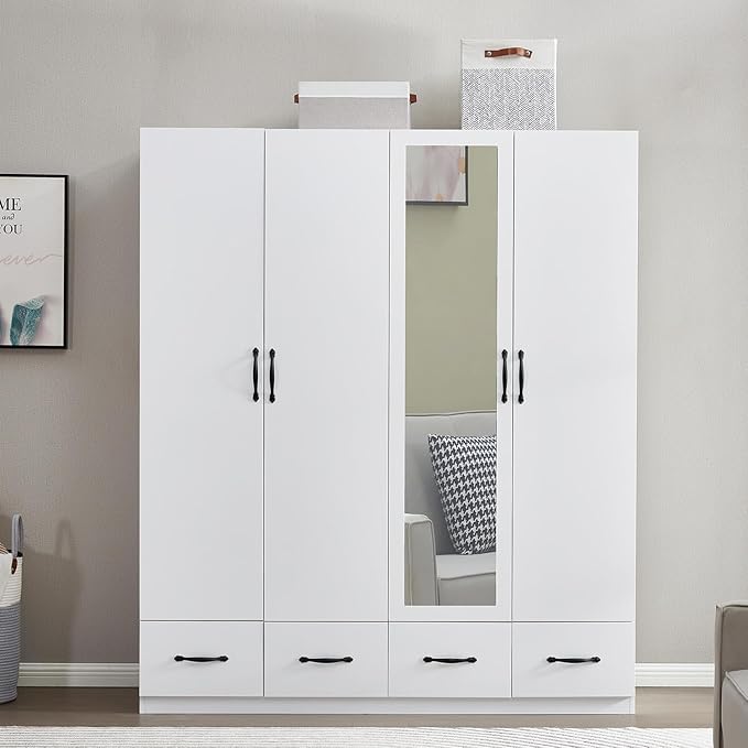 TrendTerrace Wardrobe Closet with Mirror, 4 Door 4 Drawers