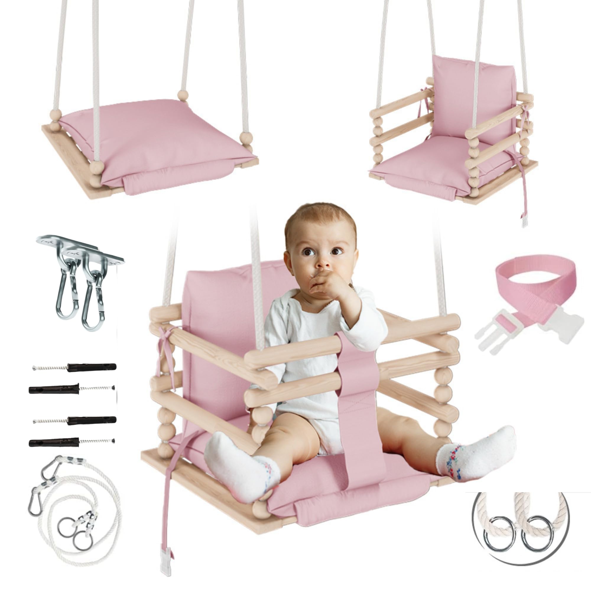 MAMOI® Babyschaukel, Schaukel Indoor und Outdoor, Holzschaukel für Baby und Kinder, Kinderschaukel, Schaukeln aus Holz, Kleinkinderschaukel für kinderzimmer und türrahmen, 3 in 5
