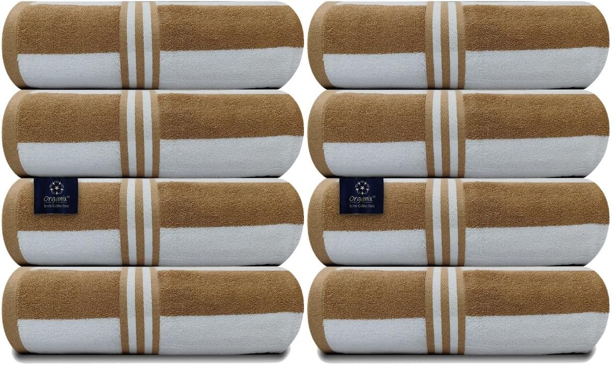 Organix Oversized Beach Towel 36"x72", Large Highly Absorbent Cabana Striped Pool Towels, 100% Ringspun Cotton Bathroom and Pool Towel 8 Pack, Adult Luxury Beach Towels, Quick Dry Lightweight - Beige
