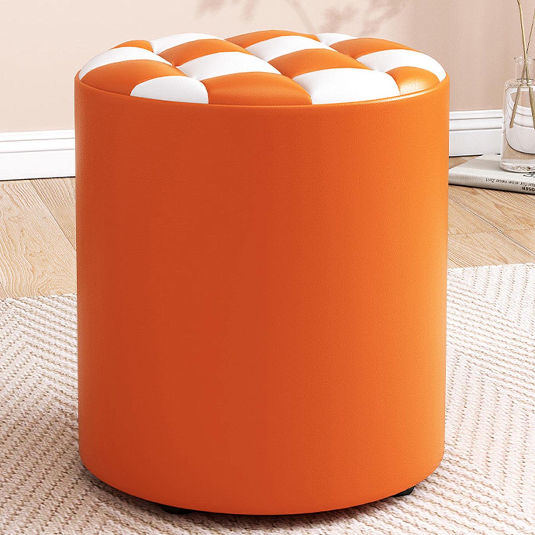 LMMIAOZ Round Leather Footstool for Living Room and Bedroom Orange and White 31x35cm