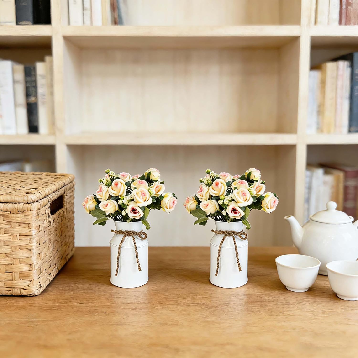 Farmhouse Artificial Rose Flowers with Metal Vase, Set of 6 Fake Rose Arrangements for Table, Faux Bouquets Wedding Centerpiece Decorations, Home Office Flower Decor (White Vase & Champaign Roses)