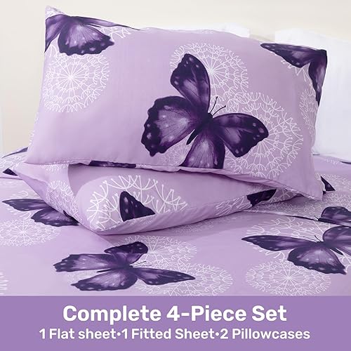 Miniatura 6 de ARTALL Juego de sábanas de 4 piezas con estampado de mariposa, sábanas de microfibra suave para todas las estaciones, incluye 2 fundas de almohada,