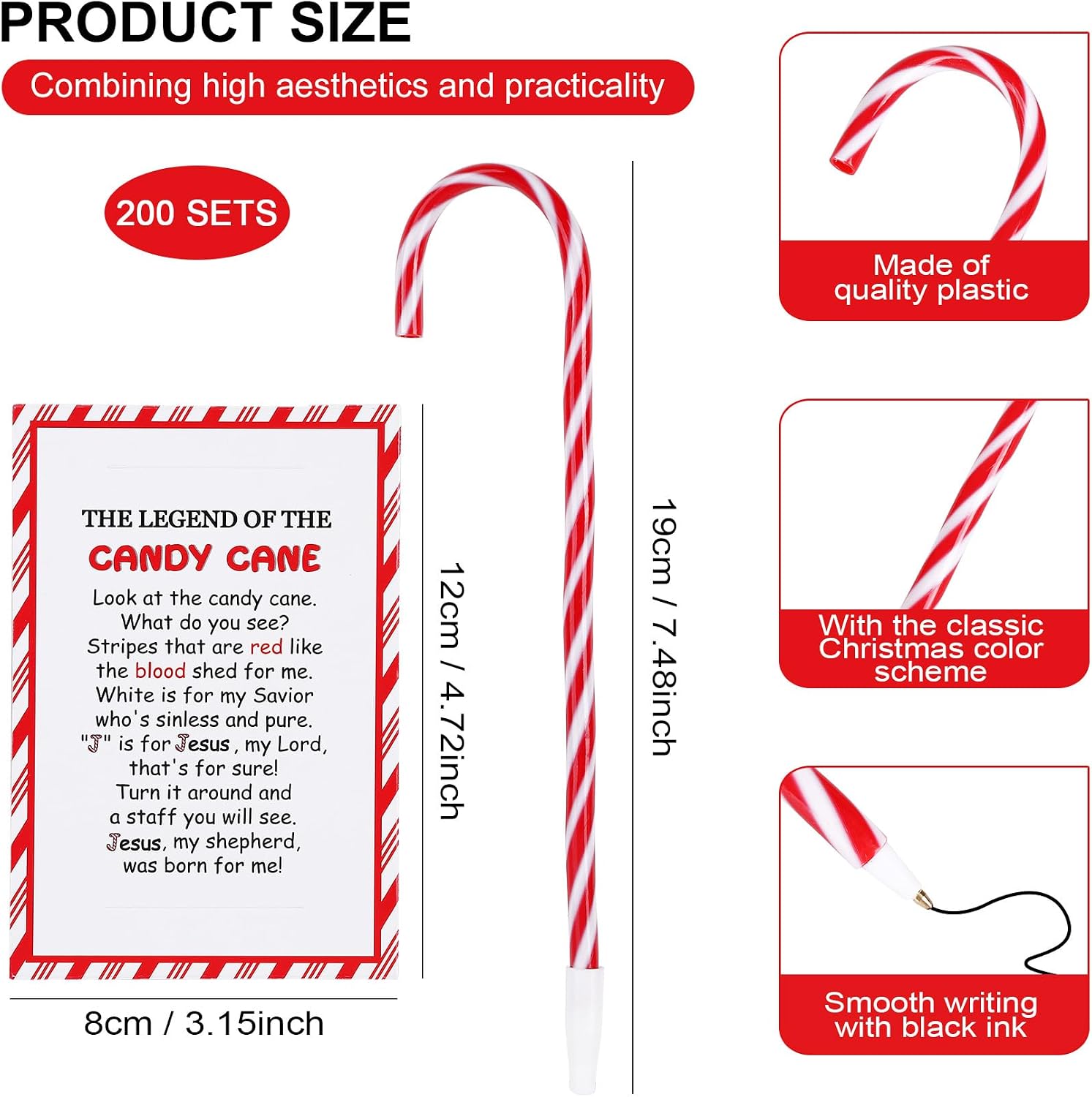 200 Sets Christmas Candy Cane Pens Legend of Candy Cane Cards Religious Story Ballpoint Pens for Christmas Church Sunday School Party Men Women Stationery Supplies