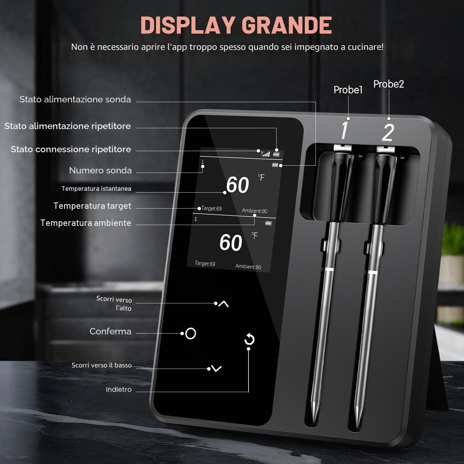 Termometro Cucina Wireless con 2 Sonde, Schermo LCD, 130m di Portata, Termometro Carne con Smart APP per Barbecue, Forno, Grill, Affumicatore, Girarrosto, Friggitrice, IP67 Impermeabile
