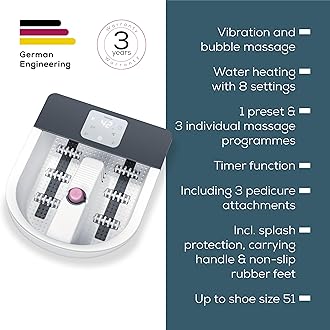 Beurer FB60UK Foot Spa with Water Heater Footbath with Premium Touch Screen 3 Pedicure Attachments Powerful 8-Level Water Heater Relaxing Bubble and Vibration Massage