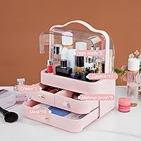 Vista 6 de Nervure Organizador de maquillaje rosa, caja de almacenamiento de cosméticos con tapa, organizador de maquillaje con cubierta libre de polvo y asa