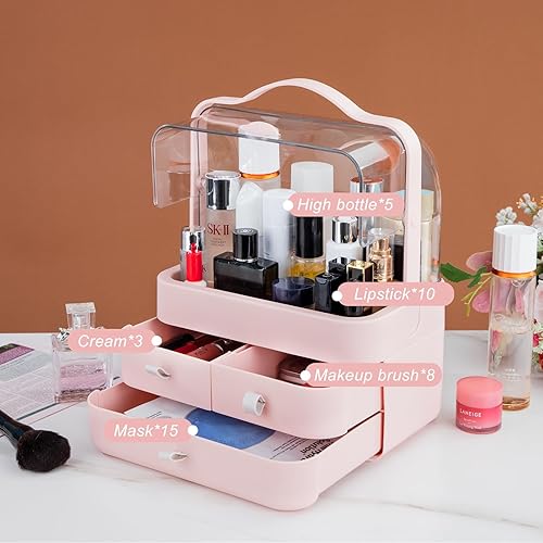 Miniatura 6 de Nervure Organizador de maquillaje rosa, caja de almacenamiento de cosméticos con tapa, organizador de maquillaje con cubierta libre de polvo y asa
