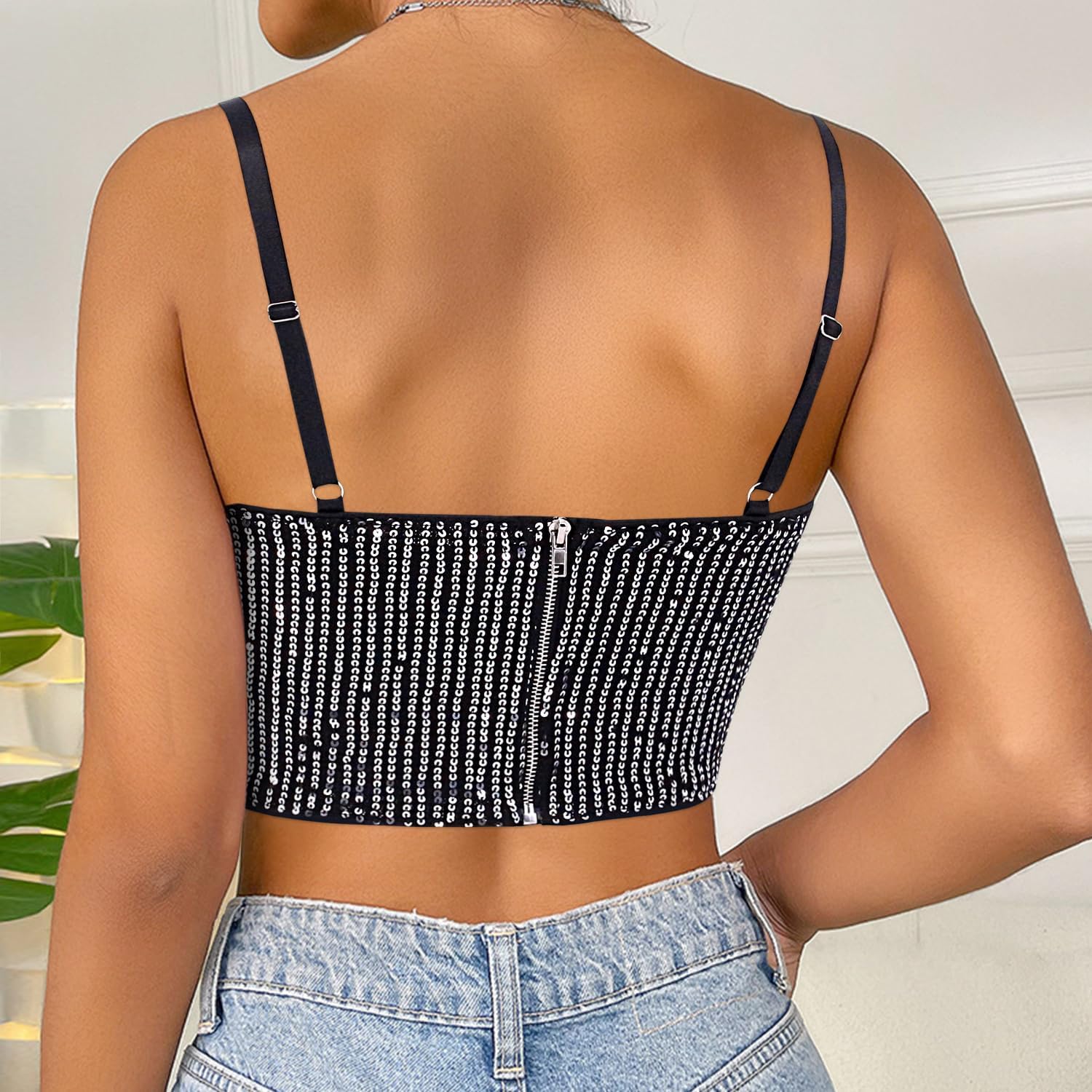 Vimoisa Women Reflective Metallic Tank Top Bustier Spaghetti Strap Crop Top Tight Sleeveless Tube Top Vest Blouse - Image 5