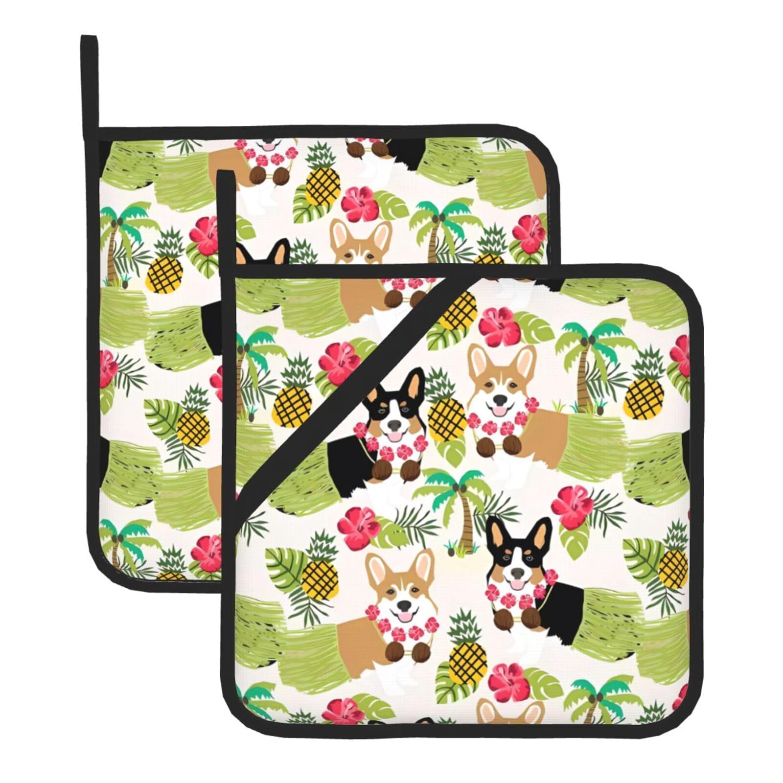 HJFCZH Corgi Hawaiian Tropical Summer Pineapple Prints Square Hot Pads for Kitchen - Waterproof Heat Resistant Potholders, Thick Trivet Covers with Hanging Loops, Oven & Grill Dish Protectors (2-Pack)