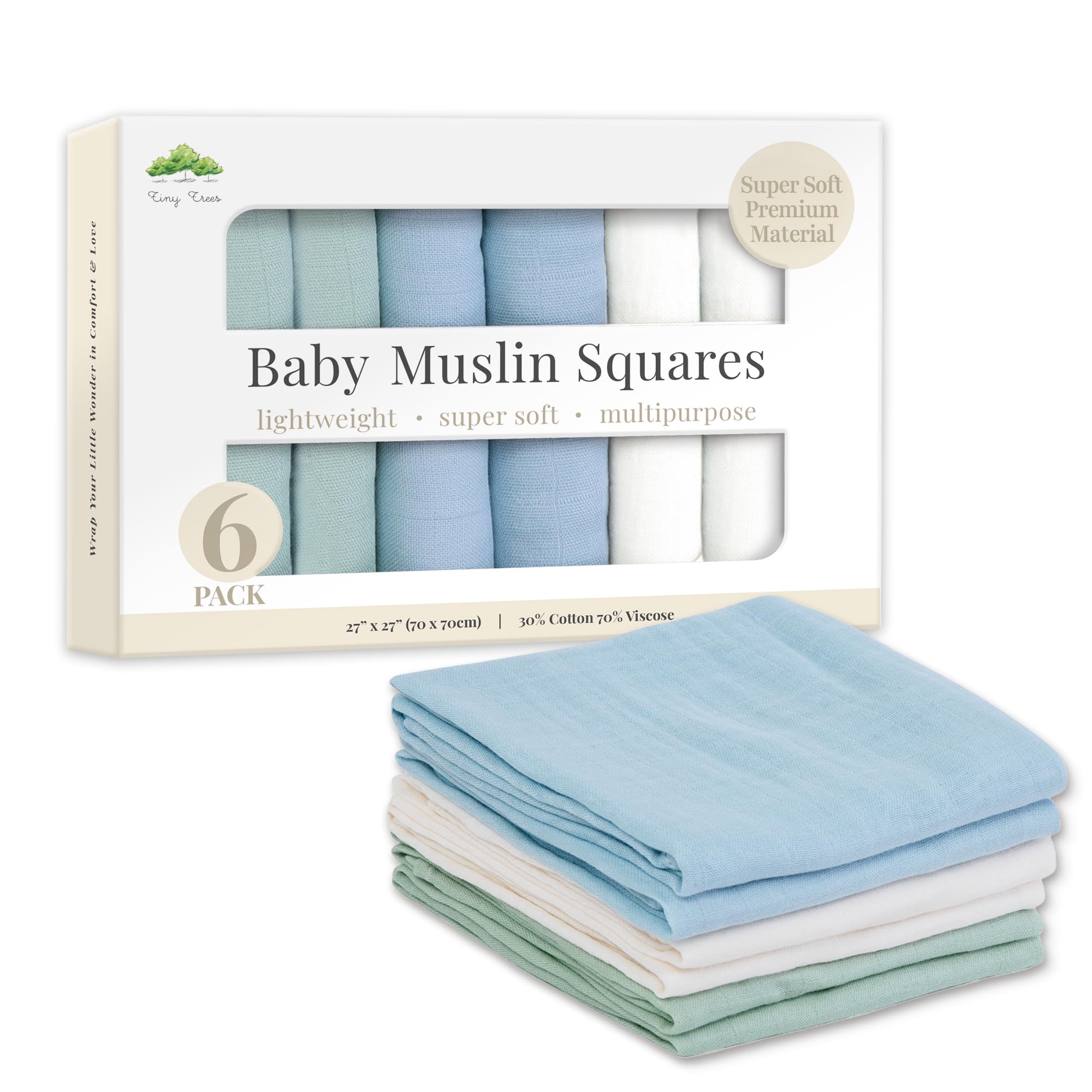 Tiny Trees® Baby Muslin Cloths Pack of 6, 70x70cm Large Muslin Squares