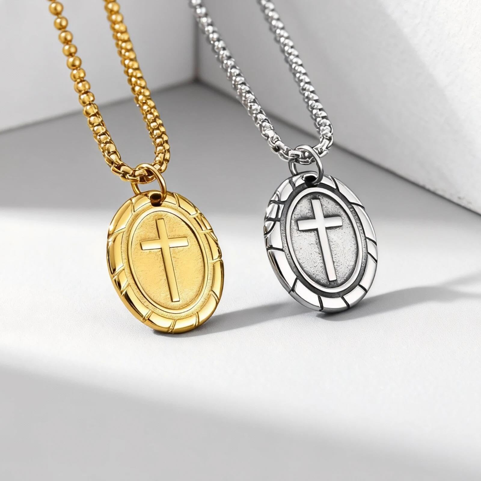 Collana in lega con perline croce doppia faccia gioielli ovali in acciaio inossidabile pendente per coppie catena abbinata per uomini e donne regolabile per donne ragazze e ragazzi
