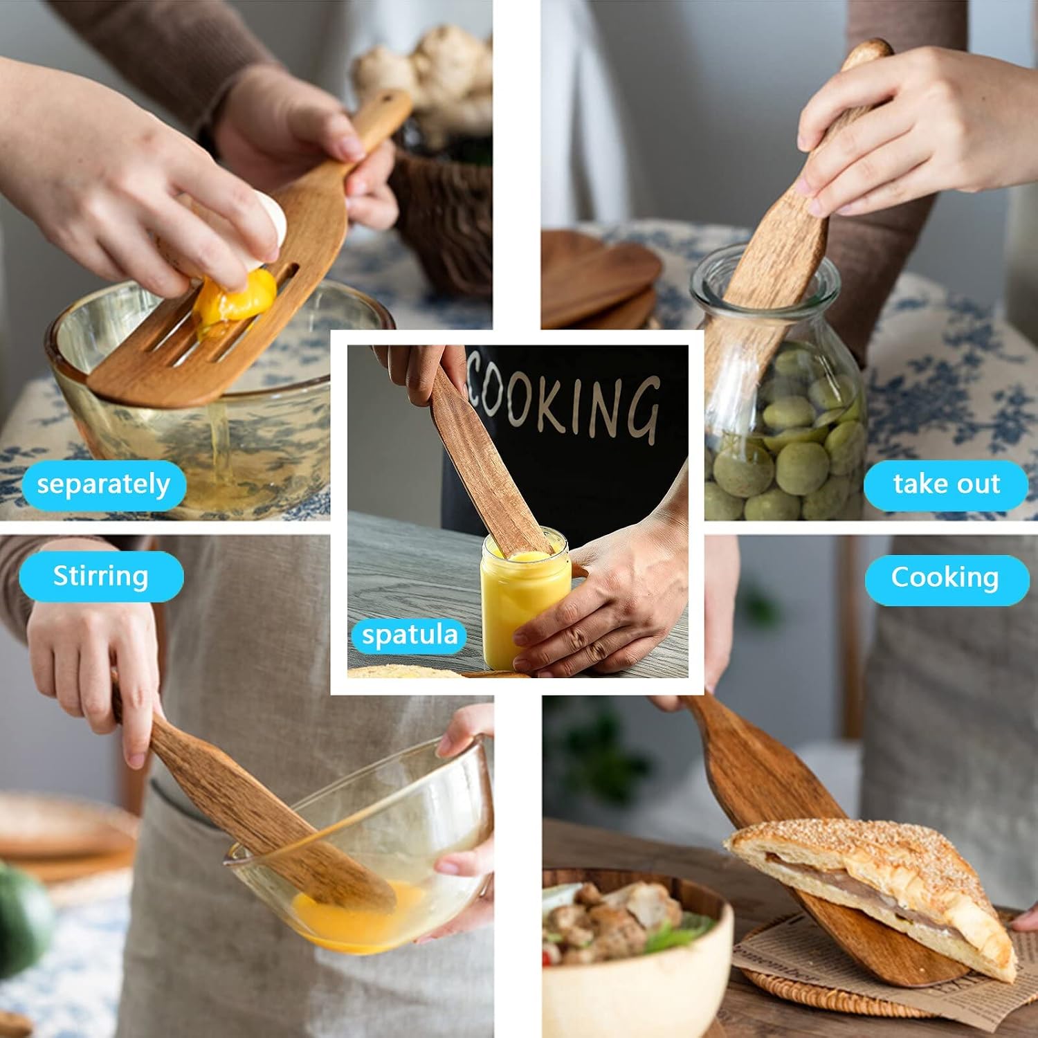 Spurtle Set - 6Pcs Wooden Spurtle Set Spatula Set - Wooden Spoons for Cooking - Spurtles Kitchen Tools As Seen On TV - for Cooking, Stirring, Mixing - With Stand and Cooking Towel